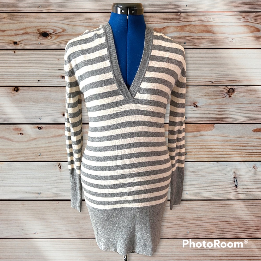 BCBG MaxAzria Angora Wool Sweater Dress Y2K Gray and White Striped Size Medium